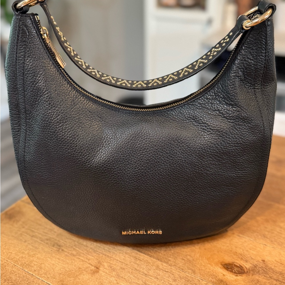 Michael Kors Lydia Black Leather Studded Strap Hobo Shoulder Bag